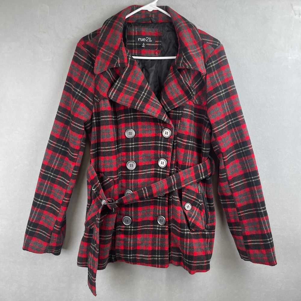 rue21 Y2K Red Black Plaid Wool Blend Double Breasted Belted Pea Coat Jacket XL